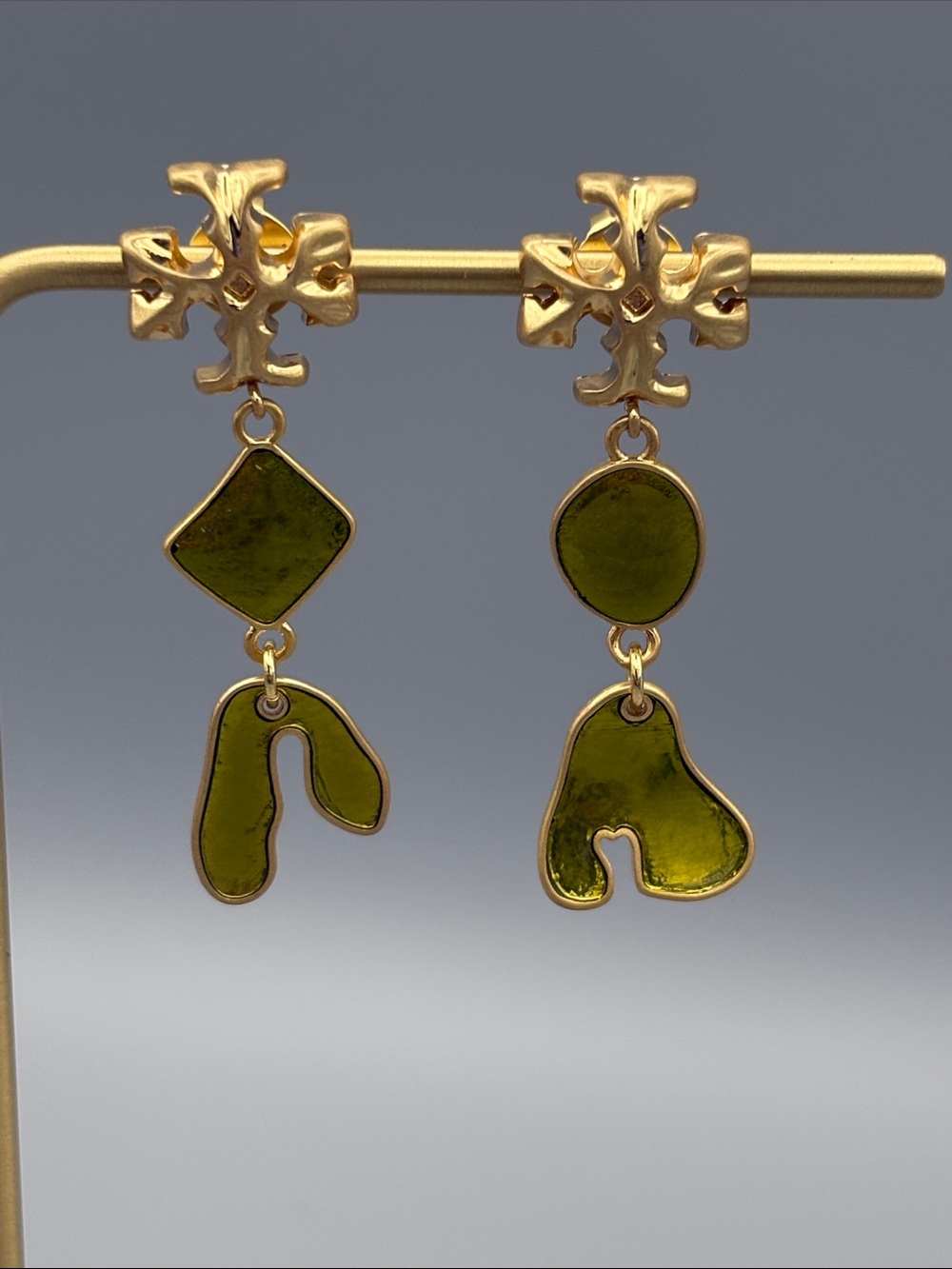 Tory Burch Gold-Tone Asymmetrical Earrings with Olive Green Enamel
